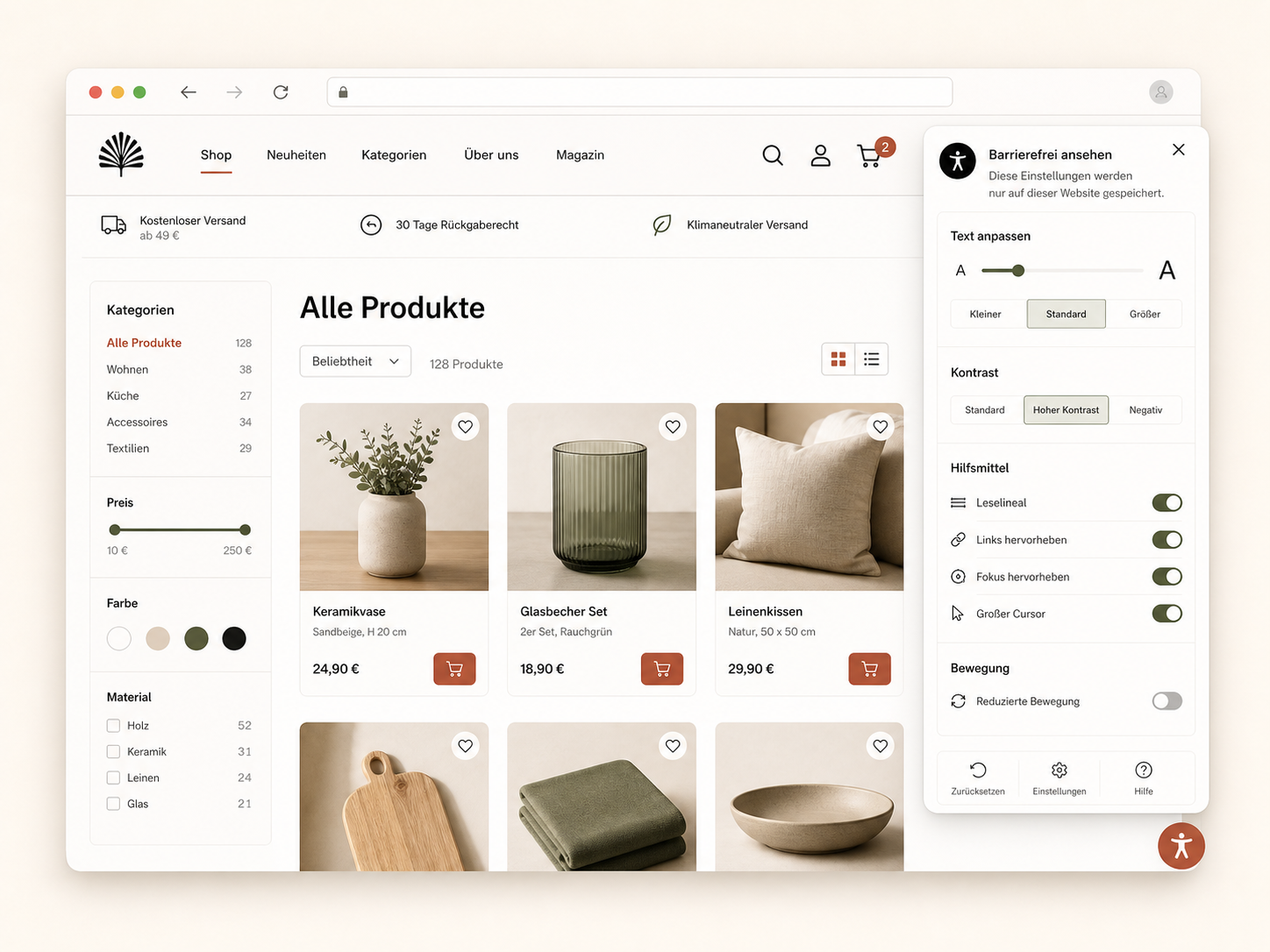 Online-Shop mit Produktübersicht und geöffnetem Accessibility-Widget