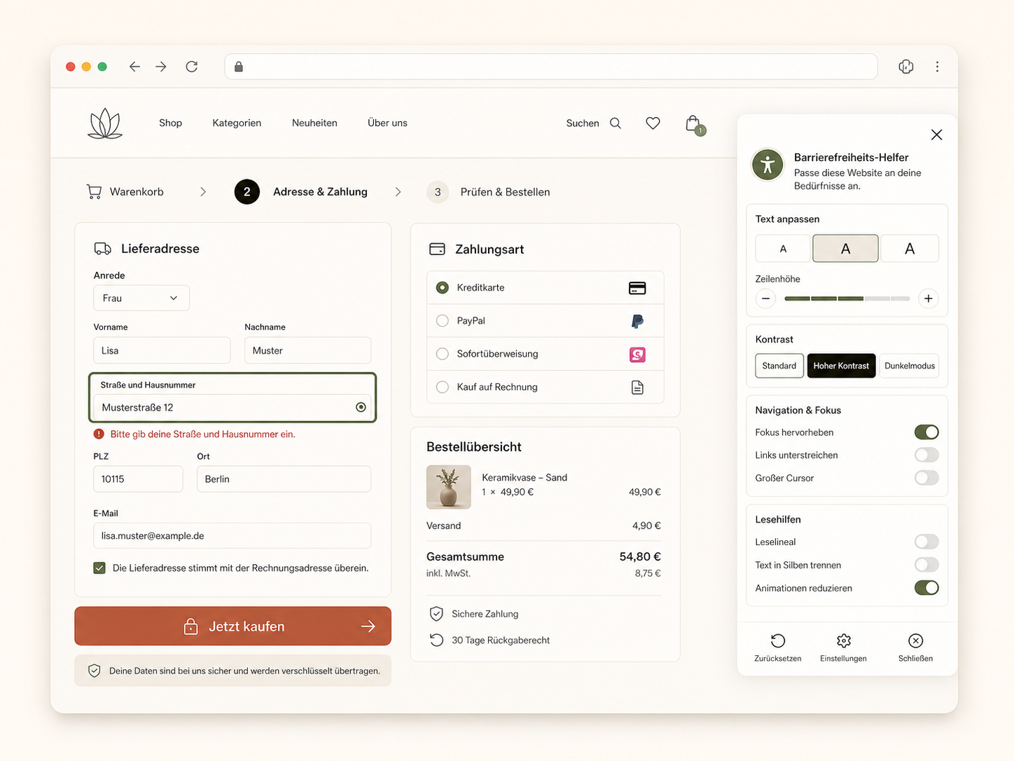 Barrierefreier Checkout mit sichtbarem Tastaturfokus und geöffnetem Accessibility-Helfer